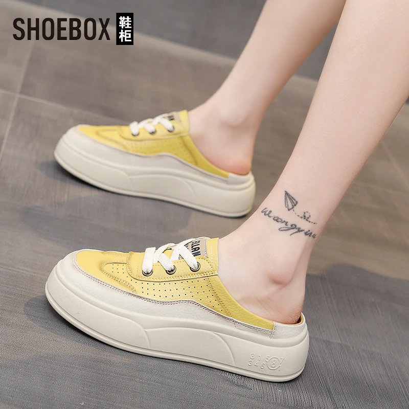 SHOEBOX鞋柜包头半拖鞋女夏外穿2025厚底一脚蹬懒人黄色德训凉拖