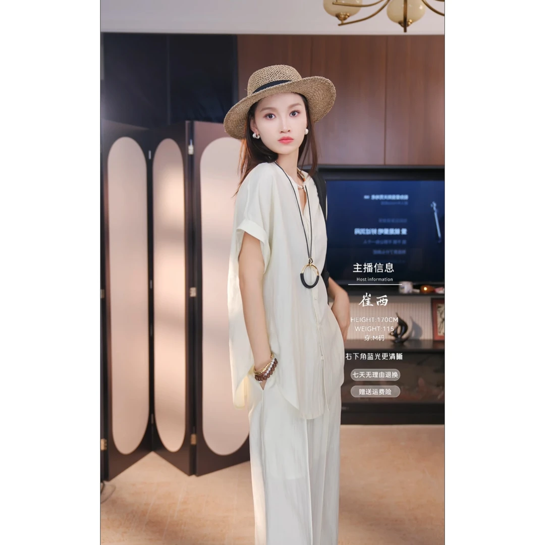 雨露亚麻极简风松宽松弛慵懒感套装宽松休闲短袖衬衫休闲长裤套装