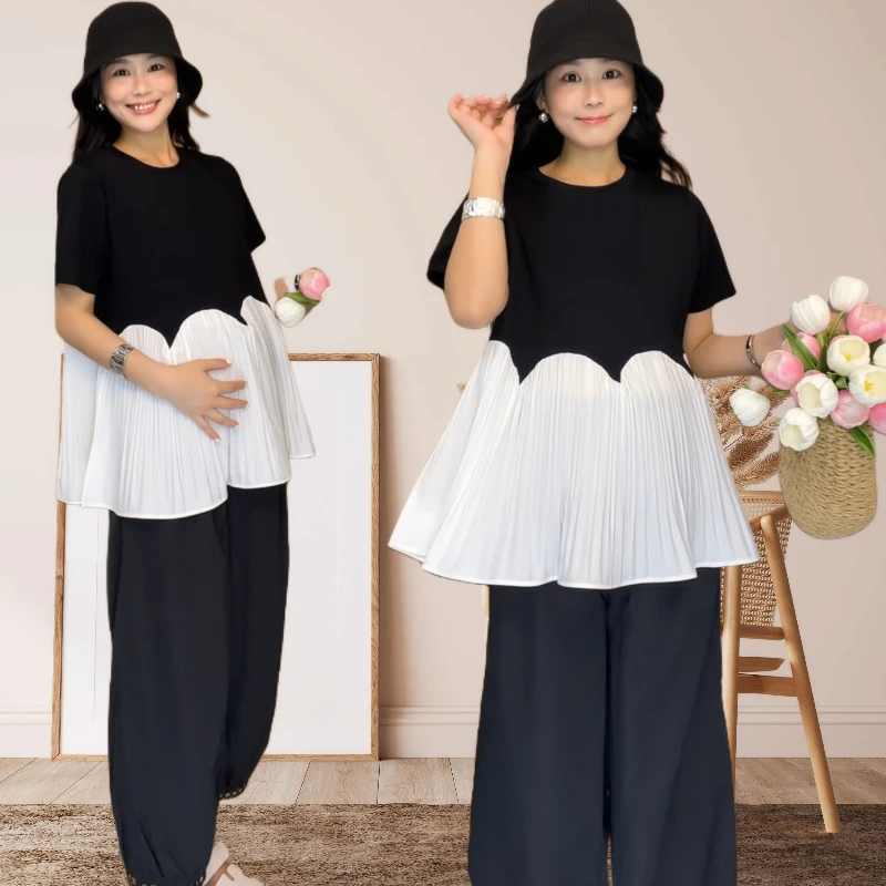 【日杂神裤】孕妇夏季黑白拼接娃娃衫上衣宽松遮肚不显怀小个子套装