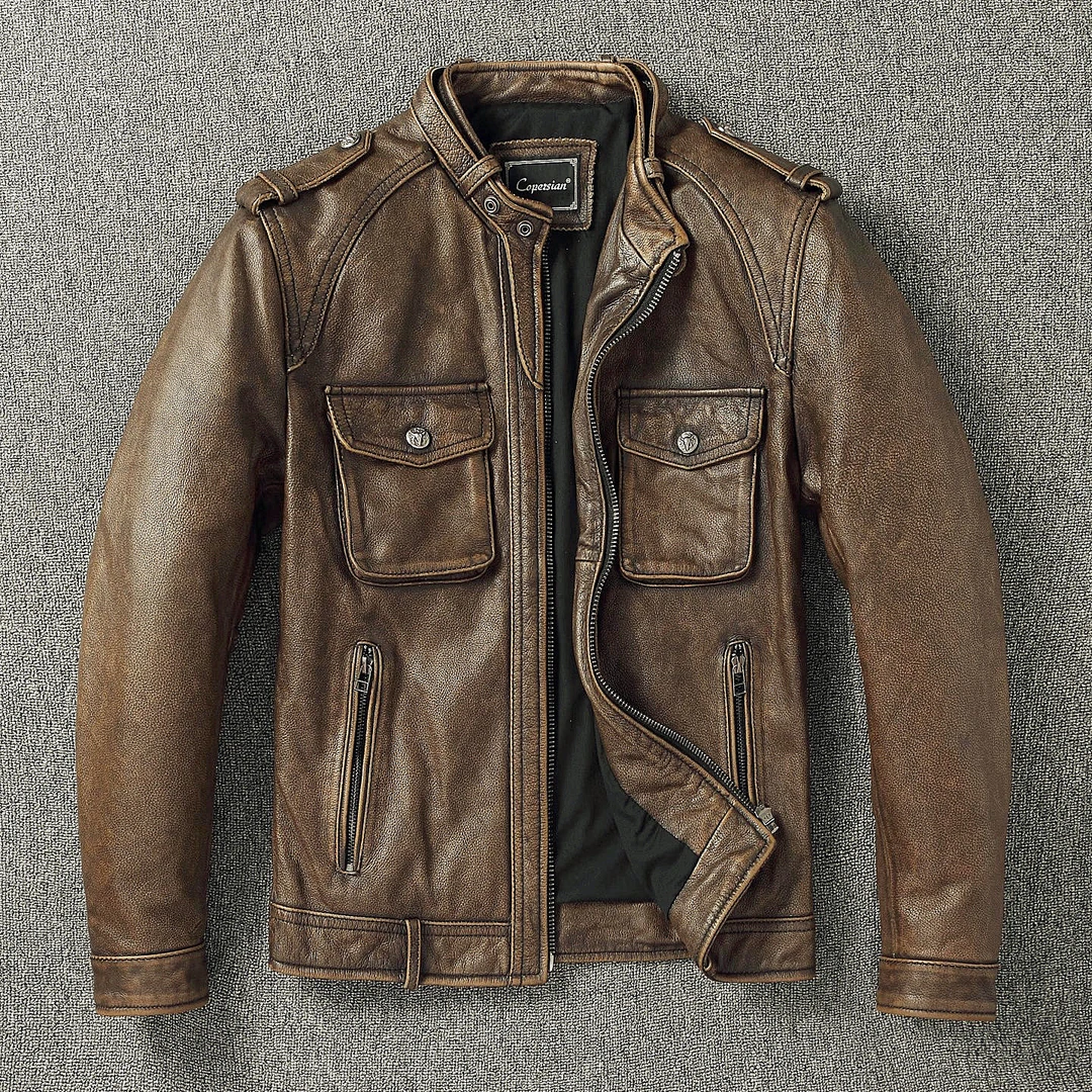 新款阿美咔叽复古头层纯牛皮真皮皮衣男短款水洗做旧机车服皮夹克