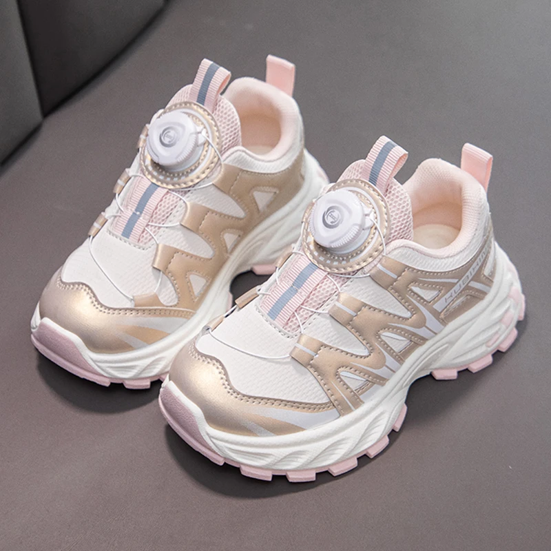 儿童运动鞋春秋新款男童皮面旋转扣跑步鞋女童防滑软底百搭休闲鞋