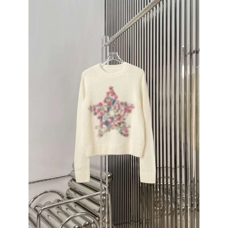 重工五角星花卉刺绣针织衫 圆领长袖减龄百搭早秋新款毛衣
