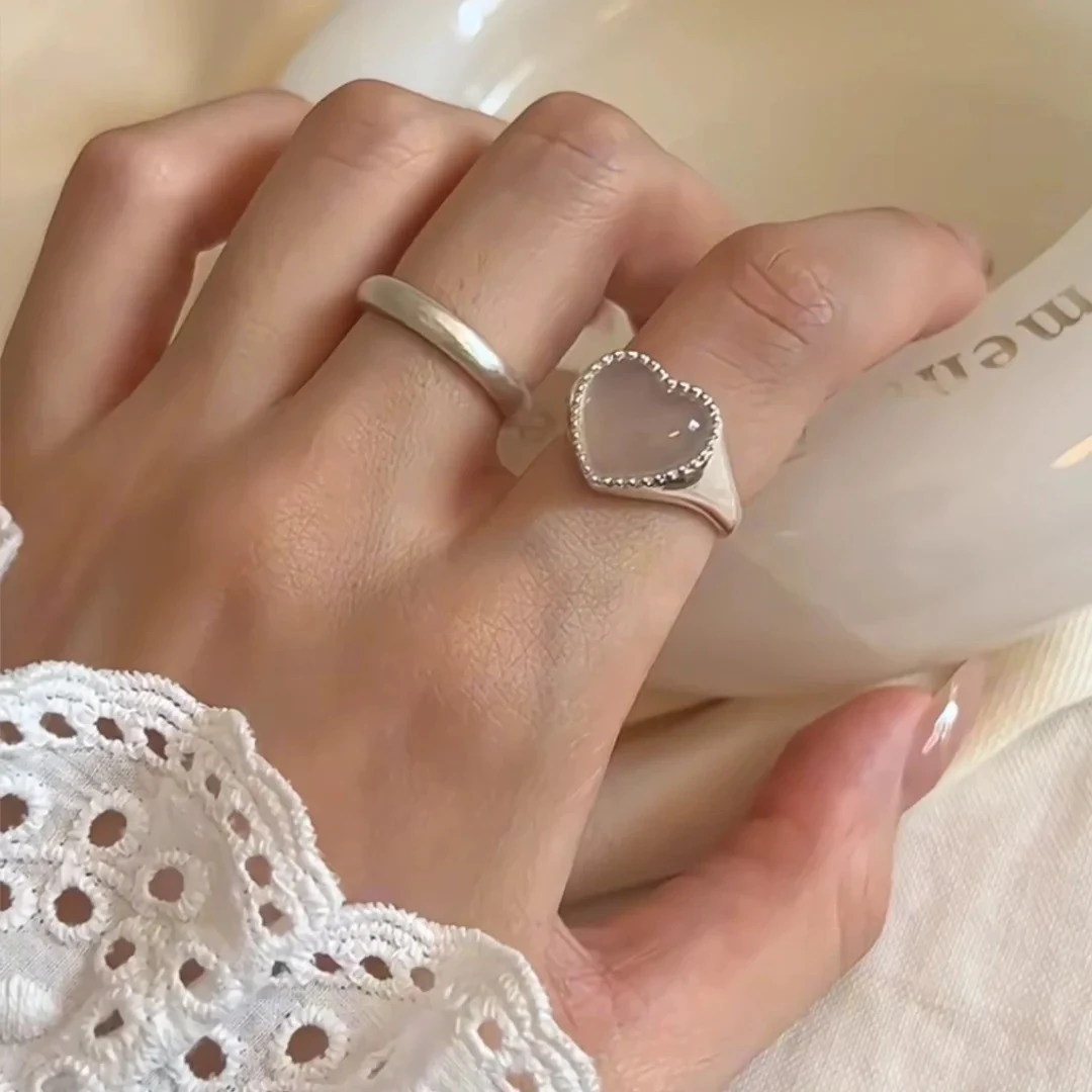 白月光爱心戒指女轻奢百搭小众设计简约素圈ins甜美开口可调节女