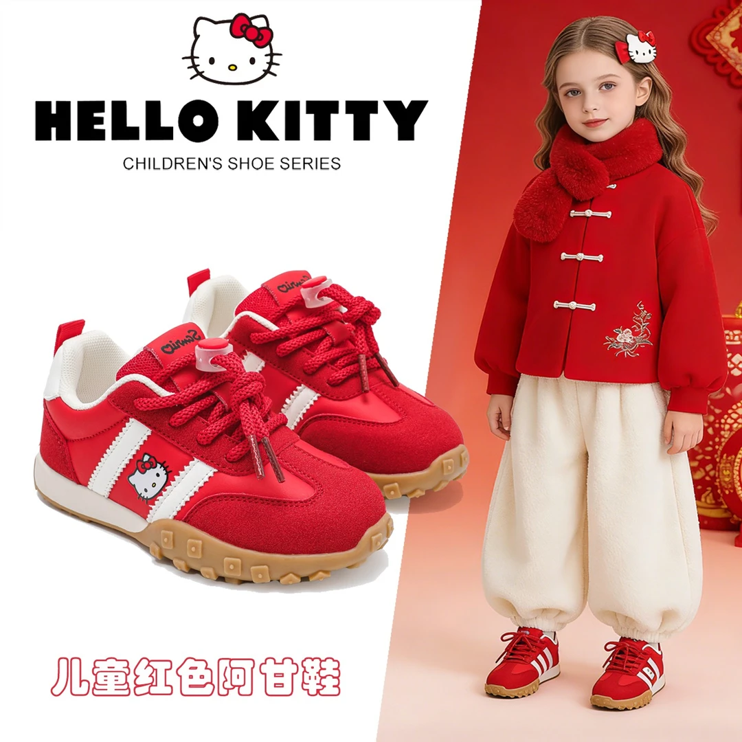 HelloKitty女童运动鞋春秋季潮款百搭时尚皮面软底儿童阿甘鞋红色