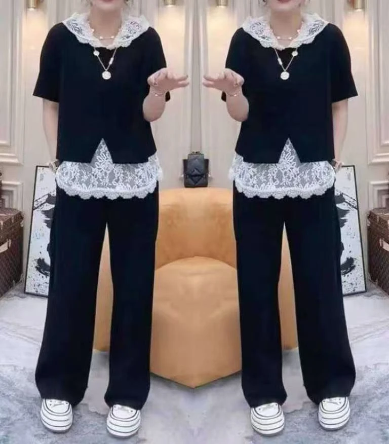 8050大码胖MM春夏新款套装半袖拼接蕾丝连帽上衣＋阔腿裤两件套