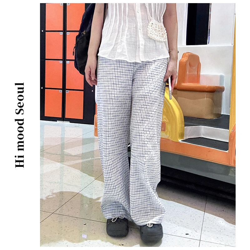 【金恩慧欧尼Hi mood】拉链薄款格子遮肉百搭弯刀直筒裤