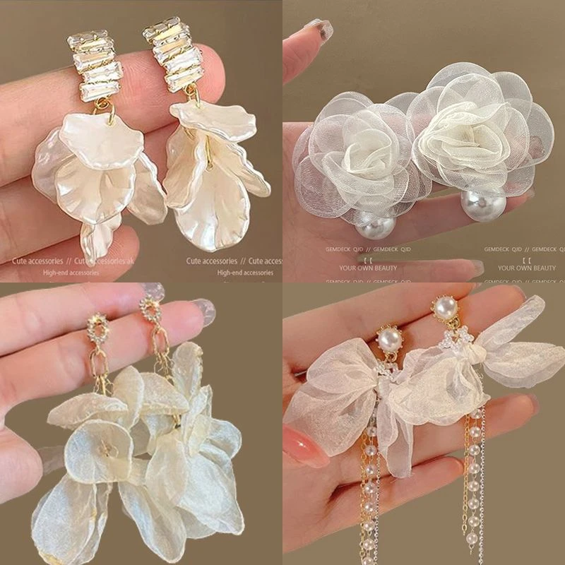 法式温柔雪纺花瓣耳环女2023新款潮珍珠贝壳花朵耳钉耳坠新娘耳饰