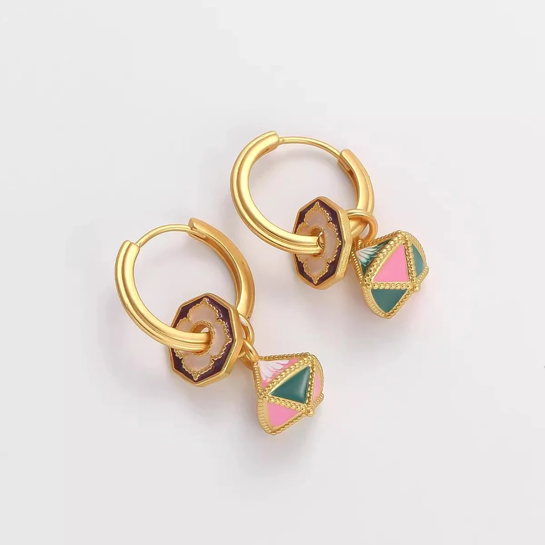 铜合金珐琅耳饰 新款小众新中式油画耳环不规则吊坠一款多戴耳环