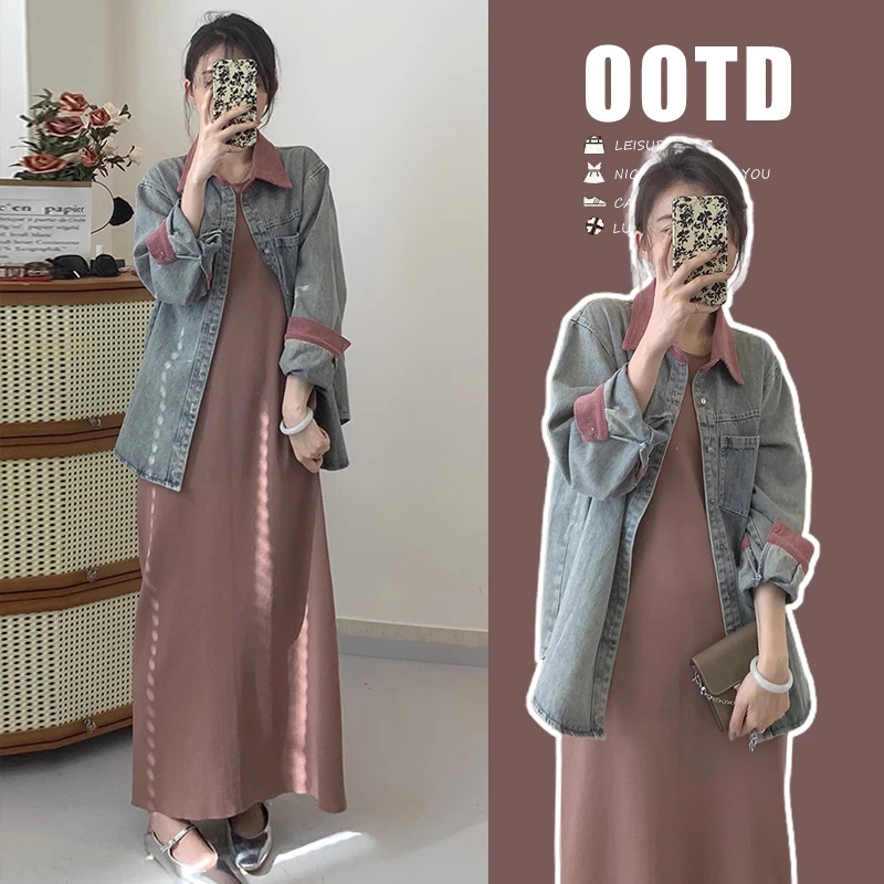 洋气孕妇装背心连衣裙秋款套装百搭网红款牛仔外套搭配背心裙穿搭