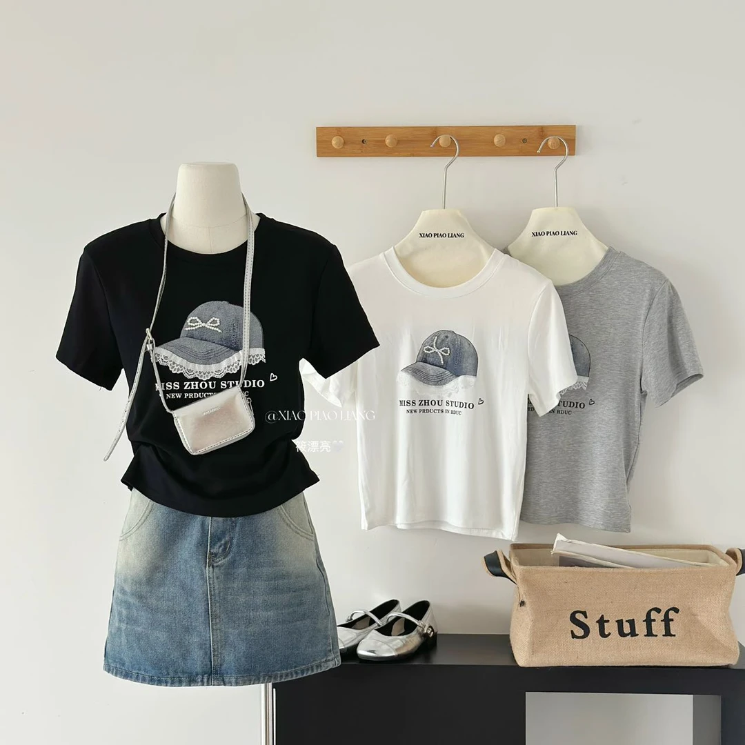 韩系夏季复古百搭印花立体蝴蝶结装饰圆领短款短袖t恤衫0319#0.1