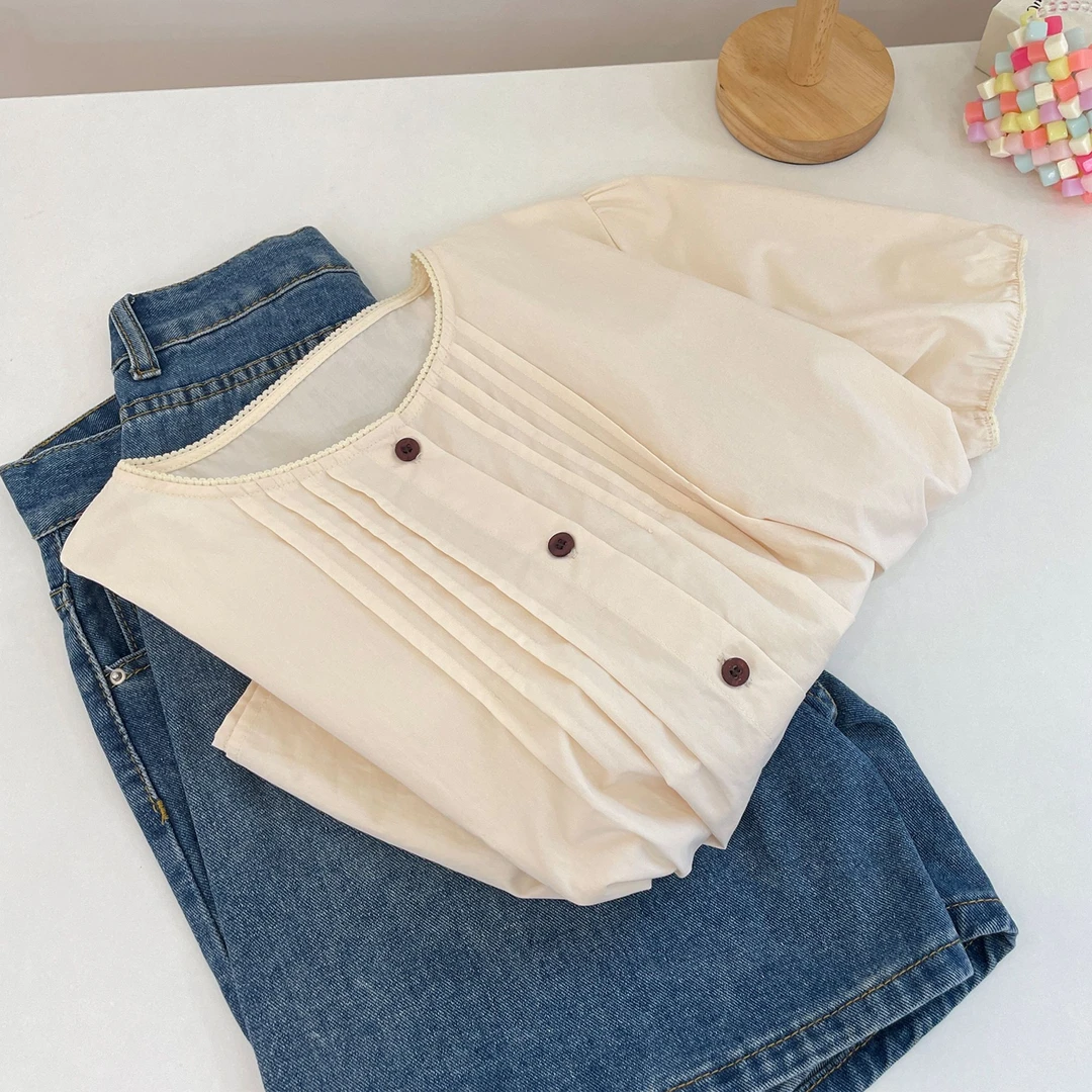 欧版设计感小众泡泡袖衬衫宽松复古纯棉百搭上衣服女上衣夏短袖