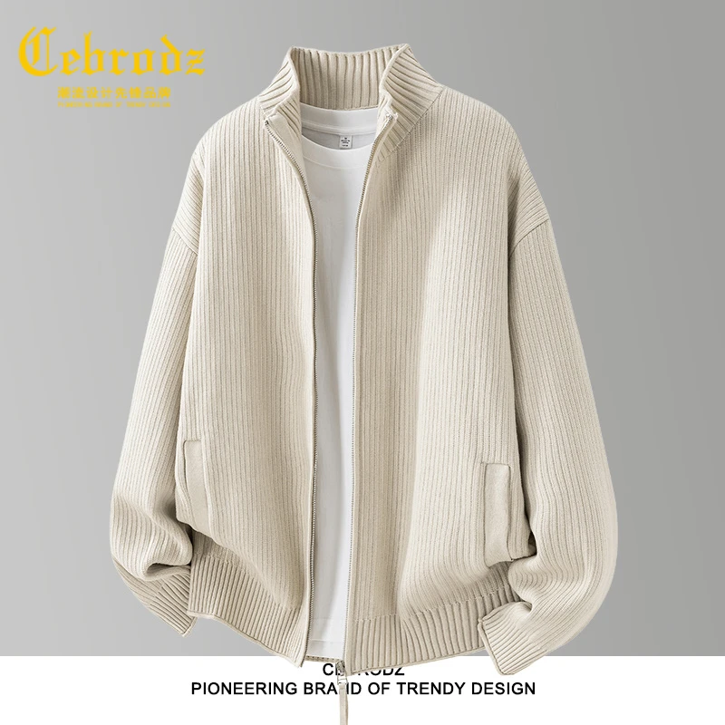 法国Cebrodz卷边立领毛衣外套男款开衫针织衫秋冬季拉链上衣外穿