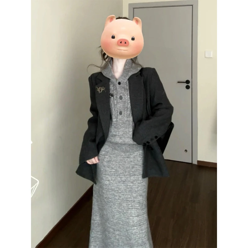 MARIE.COCO法式高级感灰色西装外套女连帽针织上衣百搭休闲半身裙