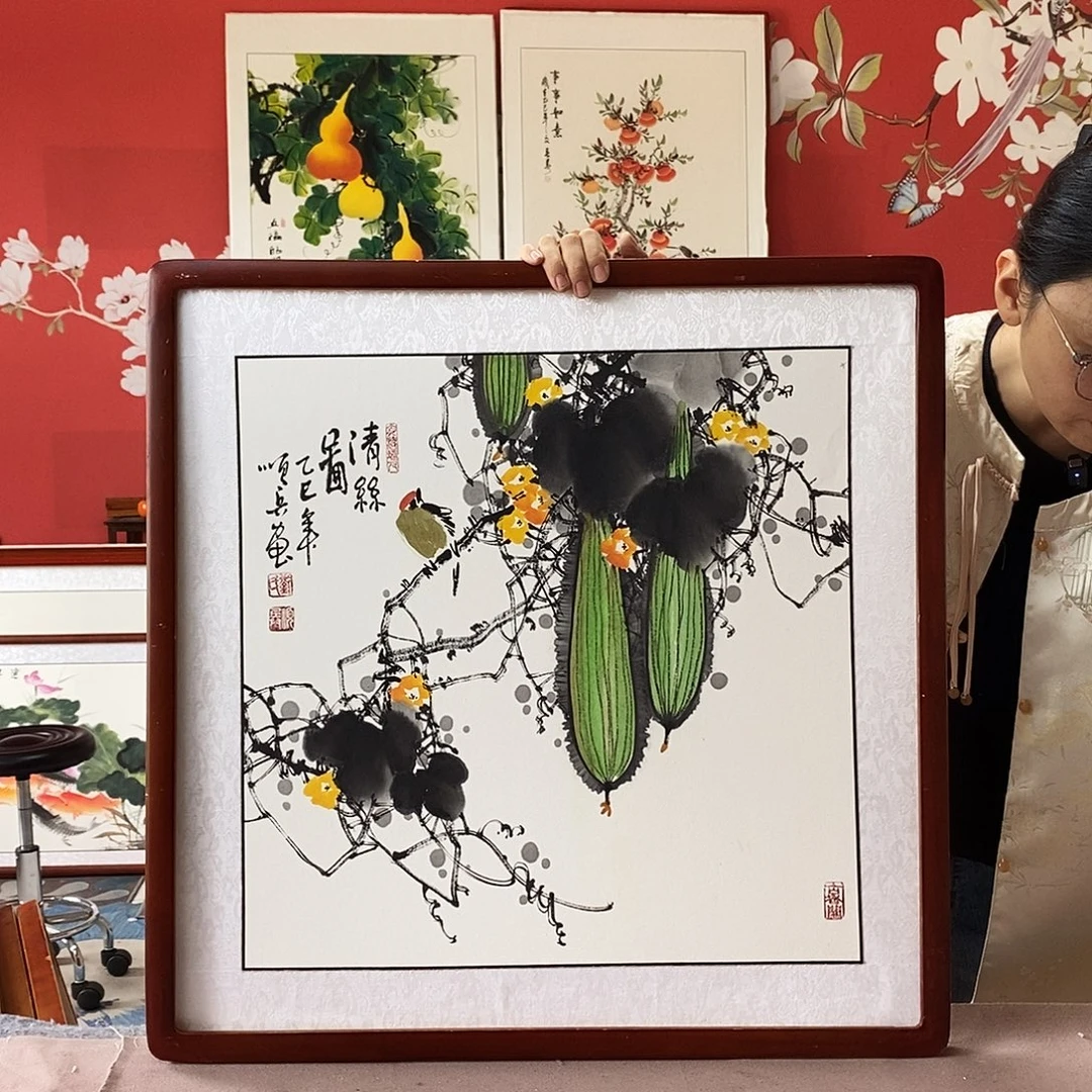 国画手写手绘国画作品带框包邮62✖️62