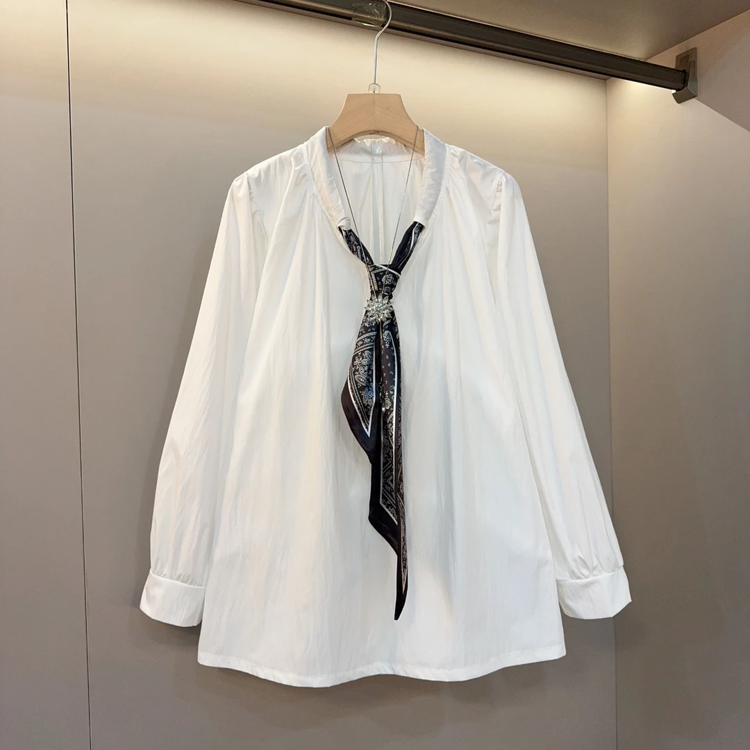 早秋新款大码女装胖MM洋气百搭减龄韩版丝巾系带精致长袖上衣1361