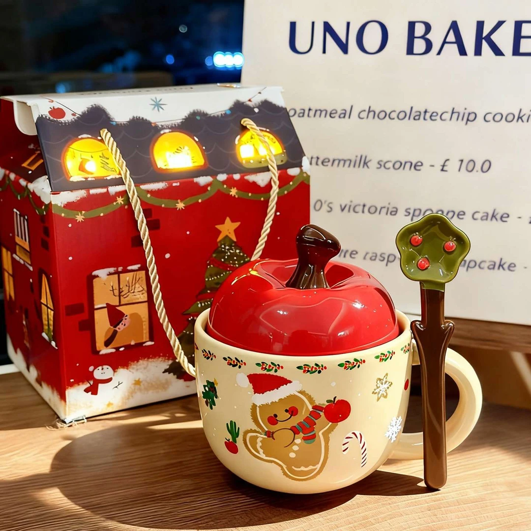 可爱圣诞苹果陶瓷马克杯子带盖勺万圣节送女生教师节礼物陶瓷水杯