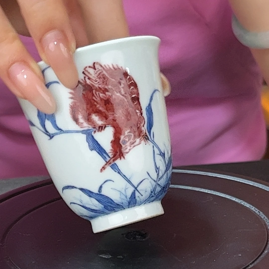 摆件皇窑青花釉里红单翠闻香杯