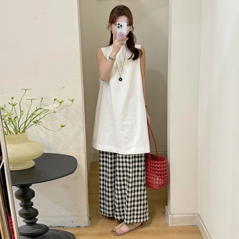 极简风舒适大码宽松背心上衣＋格子抽绳裤子套装女