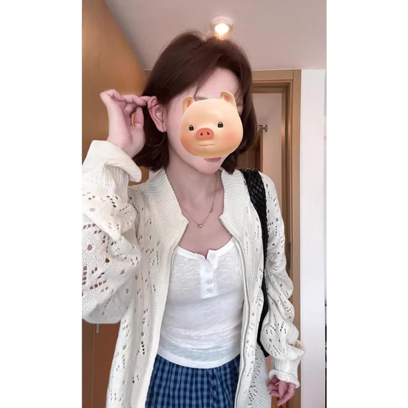 白色中长款镂空冰丝针织拉链开衫外套女夏季薄款外搭防晒空调上衣
