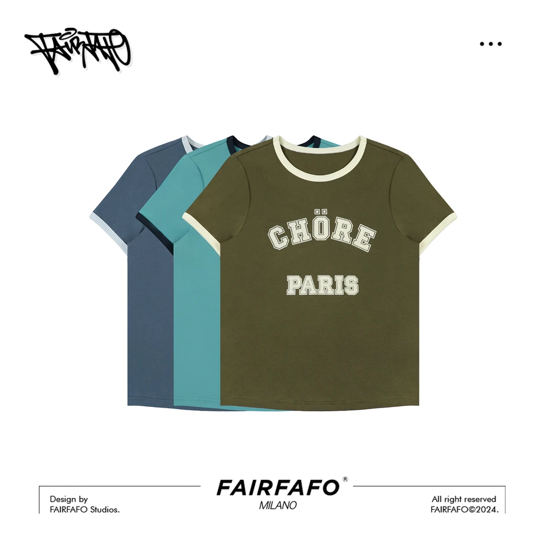 FAIRFAFO林肉肉【植绒字母】时尚休闲撞色印花短袖t恤女TXAL45086