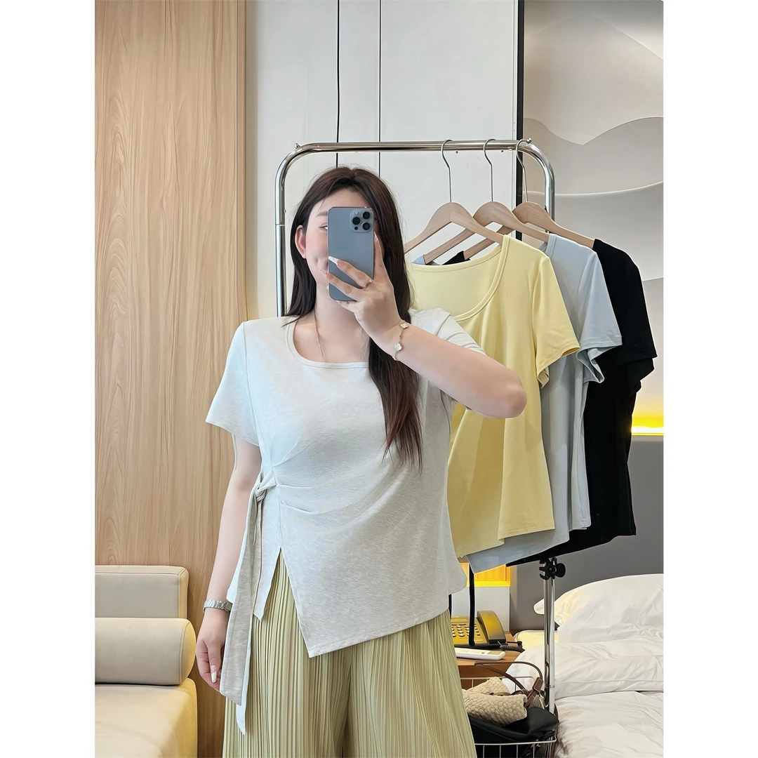 少女时代 / 设计感不规则正肩短袖T恤14880花契大码200斤胖mm时尚