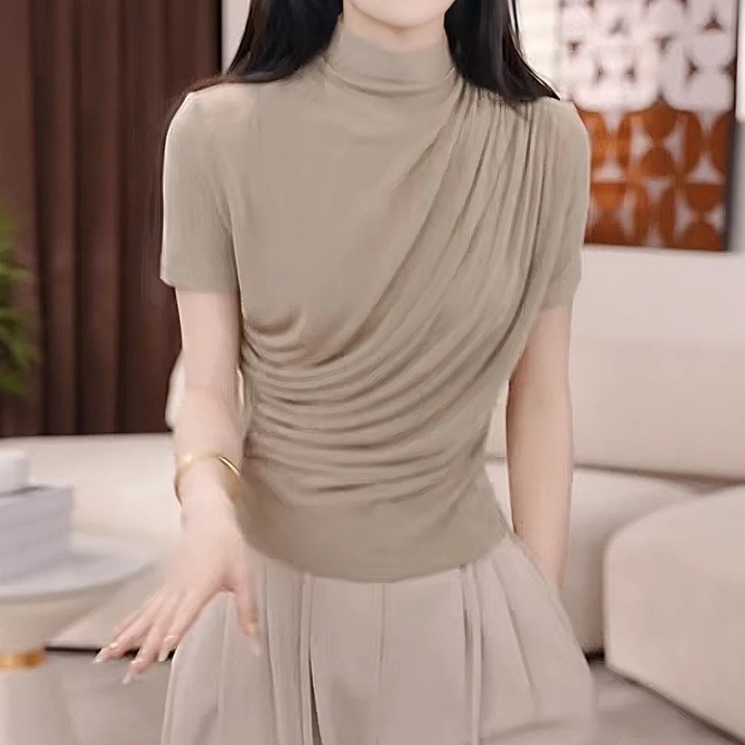 2025夏季法式简约风设计感短袖T恤女装新款立领斜褶洋气别致上衣