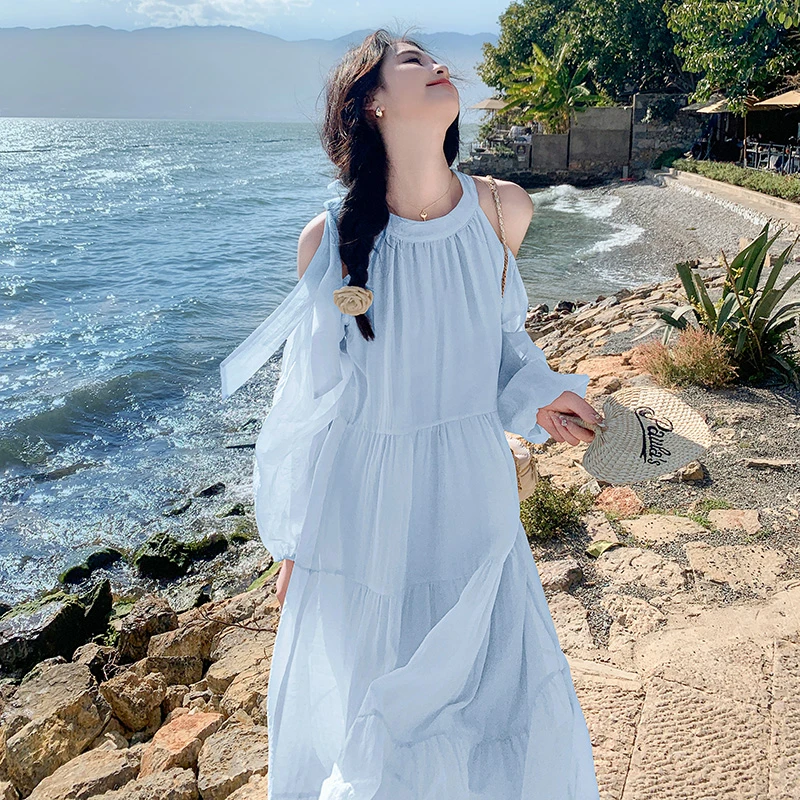 露肩雪纺连衣长裙子女夏季新款法式甜美显瘦仙外出海边度假沙滩裙