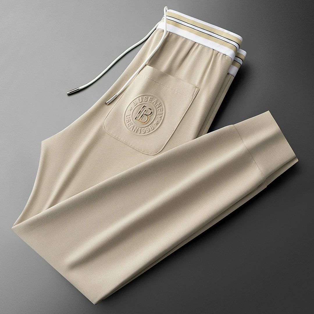 夏季时尚撞色螺纹柔软冰丝立体压胶男士修身运动小脚卫裤休闲裤男