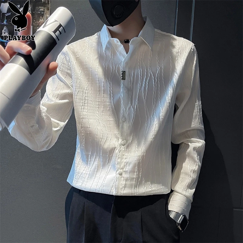 花花公子韩版高级感长袖衬衫男士2025秋季新款潮流修身痞帅衬衣男