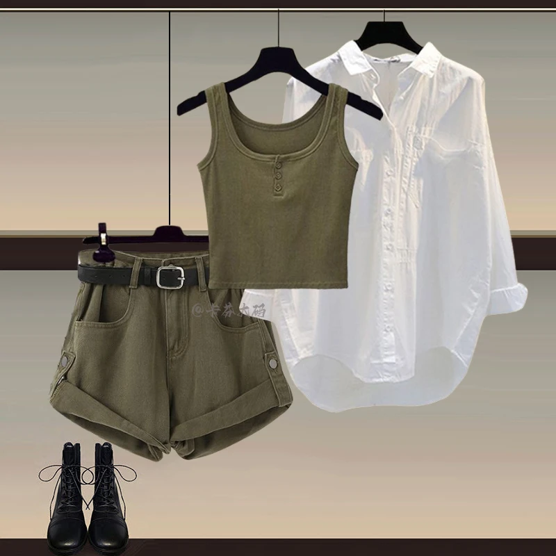 秋季穿搭一整套女装2025新款时尚防晒衬衫吊带百搭牛仔短裤三件套