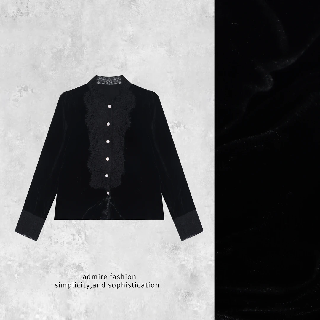 温温【江南美人】真丝丝绒衬衫女春季蕾丝拼接新中式立领衬衣107