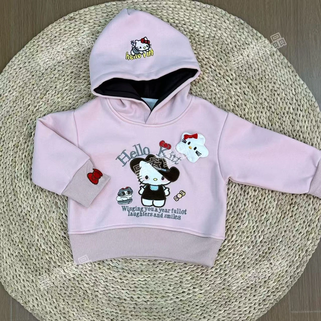 韩版连帽卫衣秋冬加绒卫衣女童Kitty刺绣卫衣
