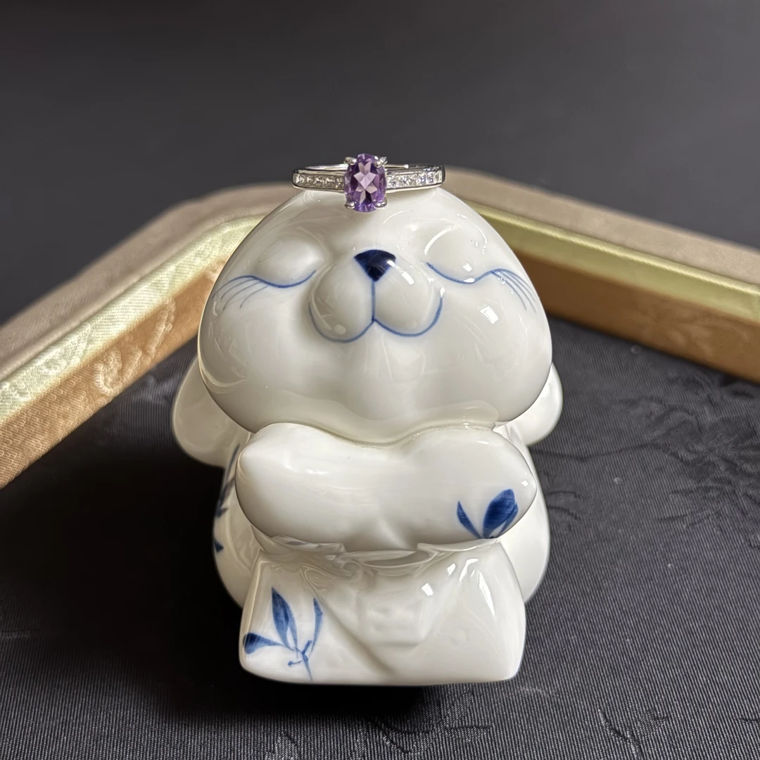 【风信】天然水晶紫水晶净体四爪银戒指Y783