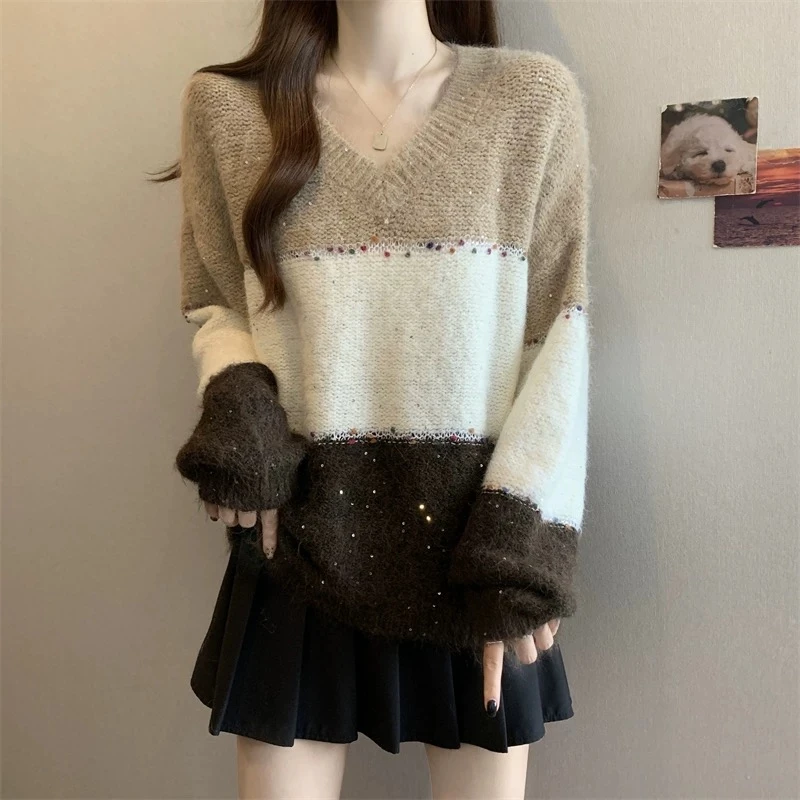 2260-1-CQ咖条新款V领大条纹针织上衣（80-135）