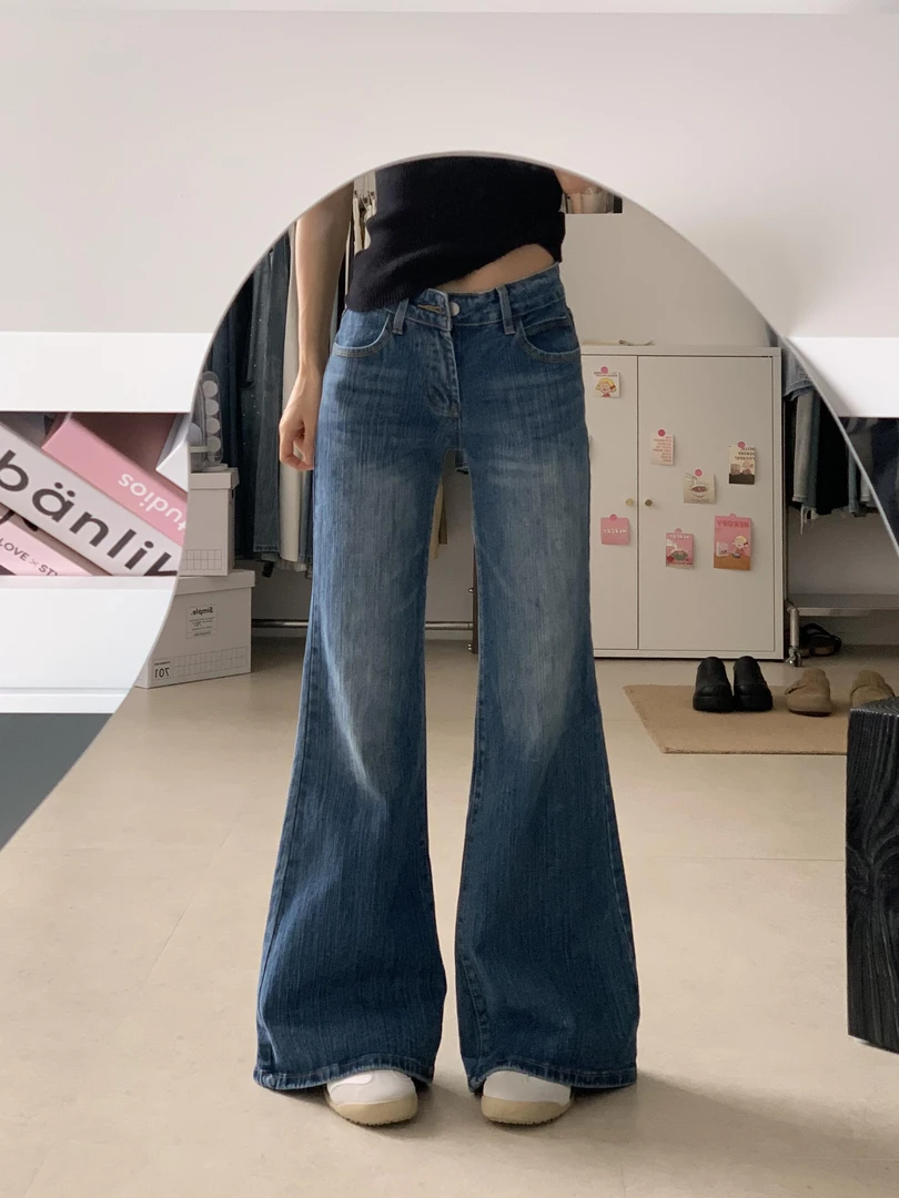 美式复古辣妹低腰微喇牛仔裤女士秋季新款竹节纹显高显瘦拖地裤子