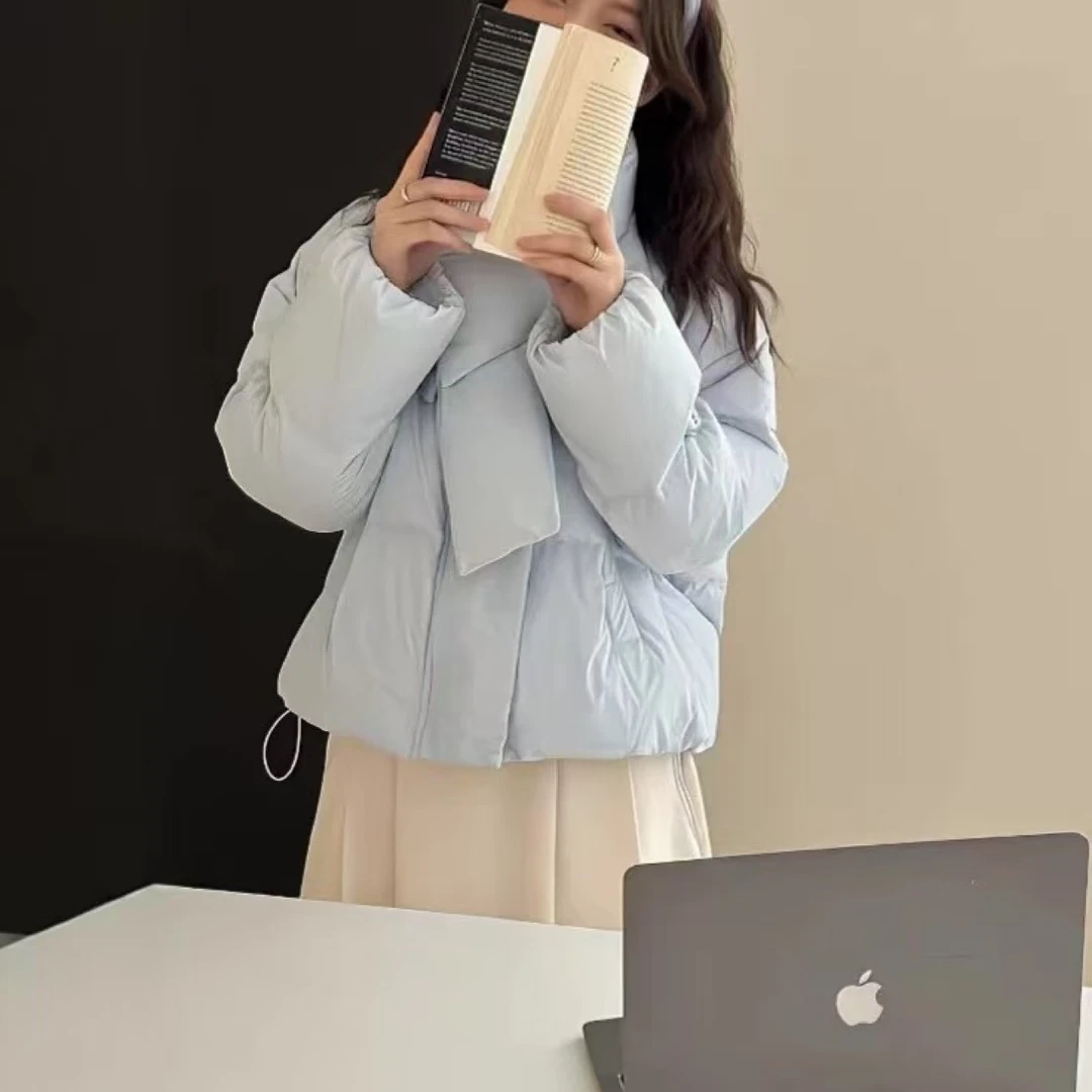 羽绒服女短款冬季韩版围巾立领加厚学院风小个子白鸭绒面包服外套