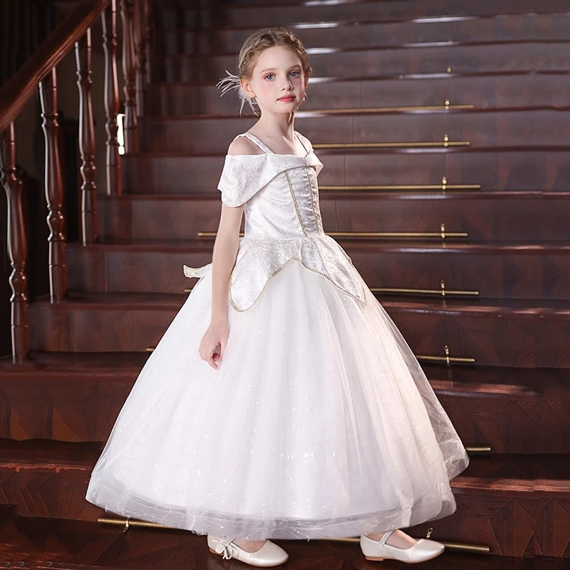 钢琴演奏礼服女童小主持人高端花童公主白色儿童生日宴十岁晚礼服