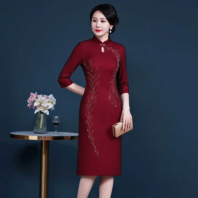 10302 秋冬丈母娘婚宴礼服高档婚庆连衣裙