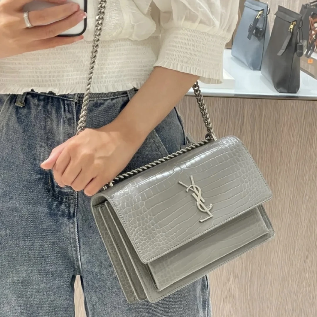 95新 YSL/圣罗兰 圣罗兰   灰色压纹日落包 单肩斜跨包