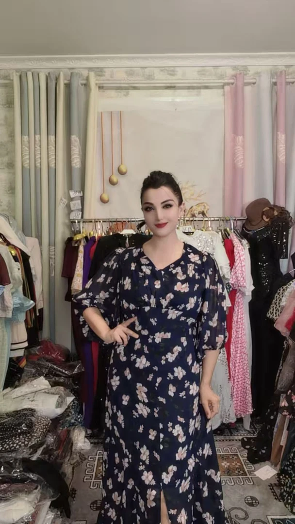 夏季V领印花国风长裙