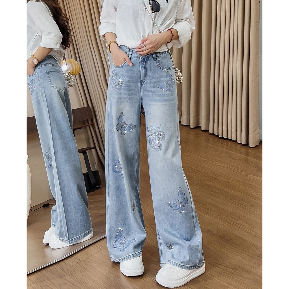 213欧货2025秋季新款轻奢镂空刺绣蝴蝶烫钻阔腿牛仔裤洋气长裤