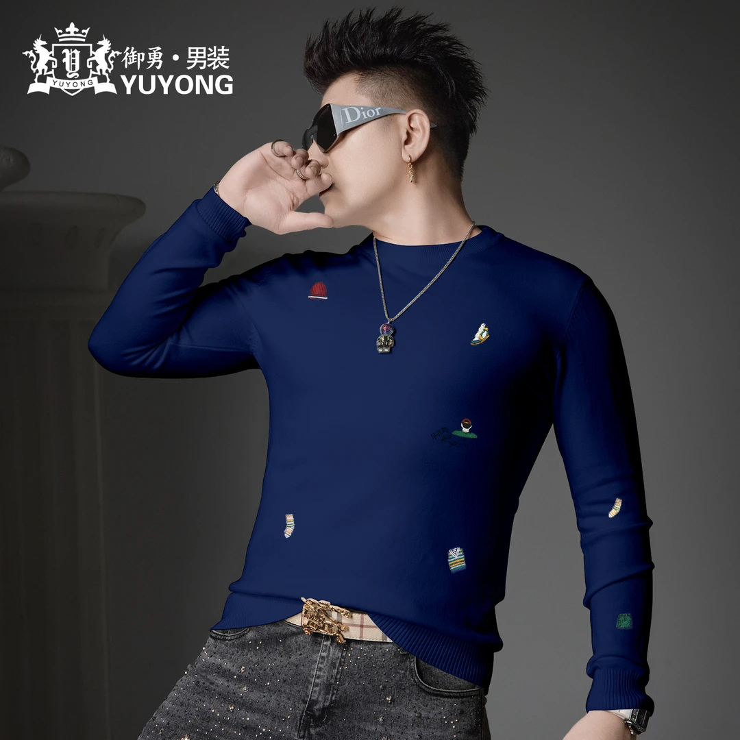 欧货2025秋冬季新款圆领毛衣男士套头针织衫潮牌刺绣保暖打底衫男