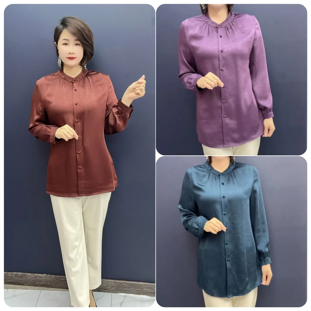 A66春季春秋新款女装时尚百搭高档圆领中长款美衫衬衫衬衣上衣