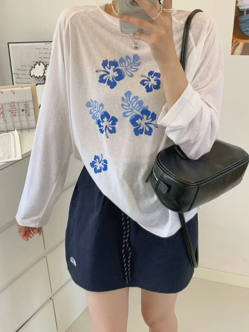 2025夏季新款  蓝色冰花慵懒风长袖T恤