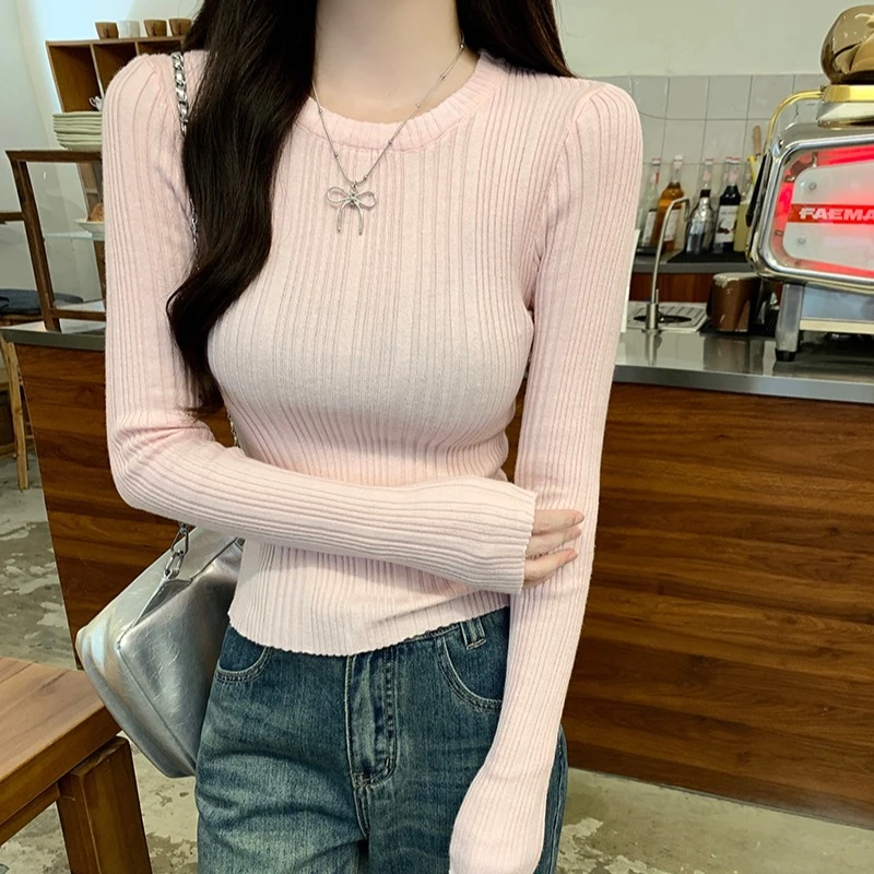 通勤包芯纱长袖上衣针织衫圆领潮短款修身打底衫女款秋冬保暖毛衣