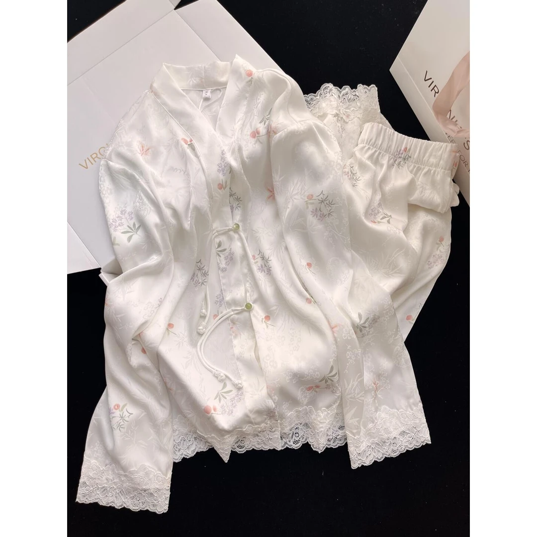 【新中式】国风长袖睡衣女春季新款家居服套装盘扣高级感薄款冰丝