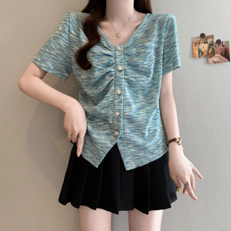 新款时尚短袖薄款短袖ｔ恤针织衫夏季V领宽松显瘦上衣女