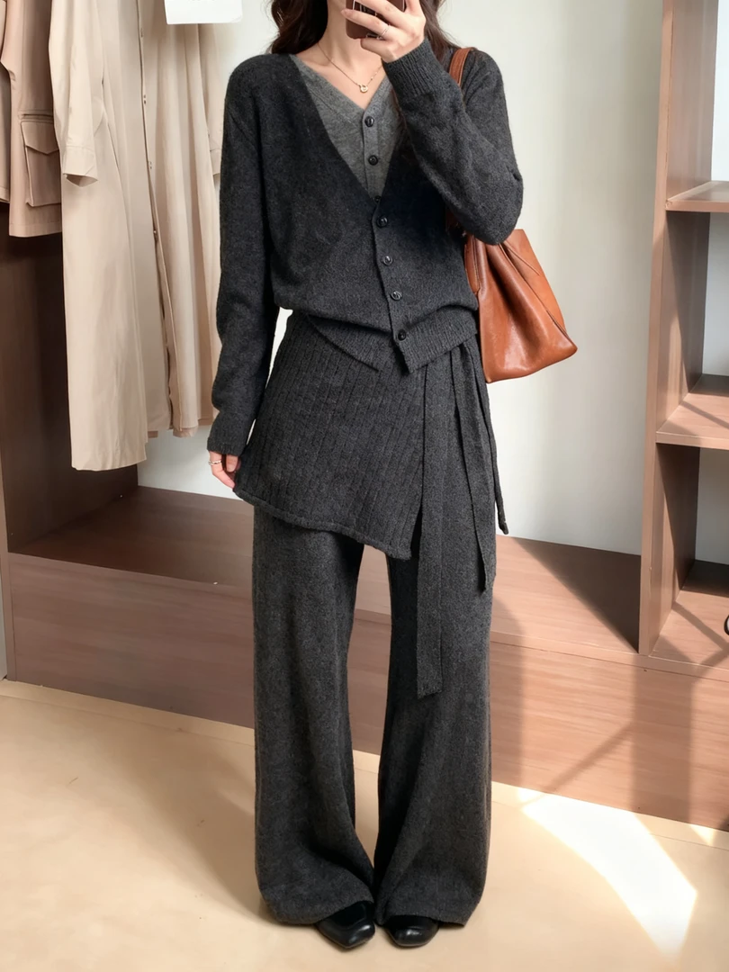 韩系氛围感休闲简约套装2025秋季针织上衣裙帘裤子气质修身三件套