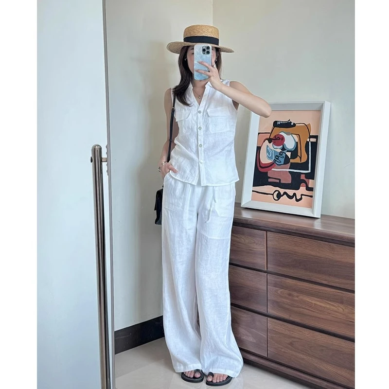 松弛感苎麻套装女夏季新款百搭亚麻白色马甲夏天阔腿裤两件套