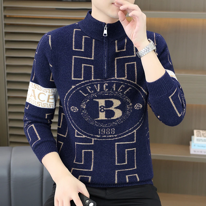 半拉链高领毛衣男款秋冬季保暖内搭针织毛衣男士立领线衣时尚圆领